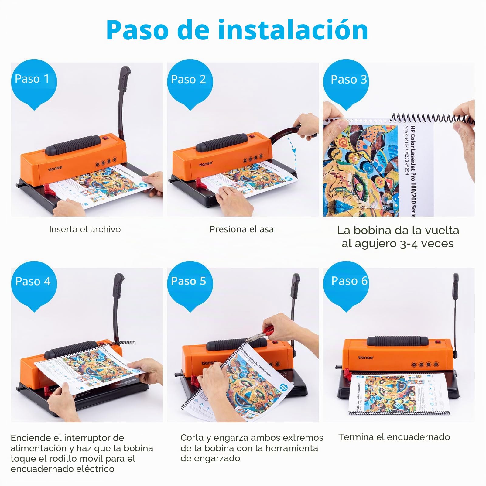 TIANSE Máquina de encuadernación, máquina de encuadernación de bobinas en espiral, perforadora manual con inserto de bobina eléctrica, apto para tamaño carta/A4/A5