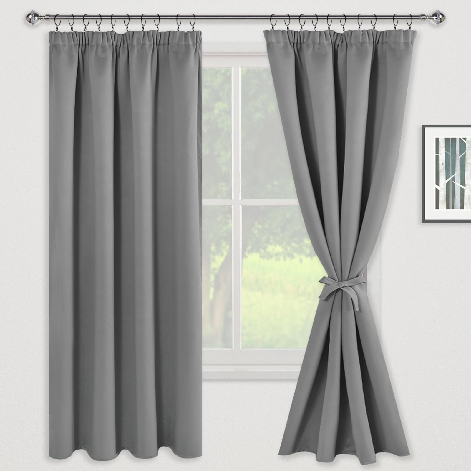 JIUZHEN Curtains with Ruffle Tape, Blackout Curtains, Living Room Curtain, Opaque Curtains, Bedroom, Thermal Curtain, Grey - Image 2
