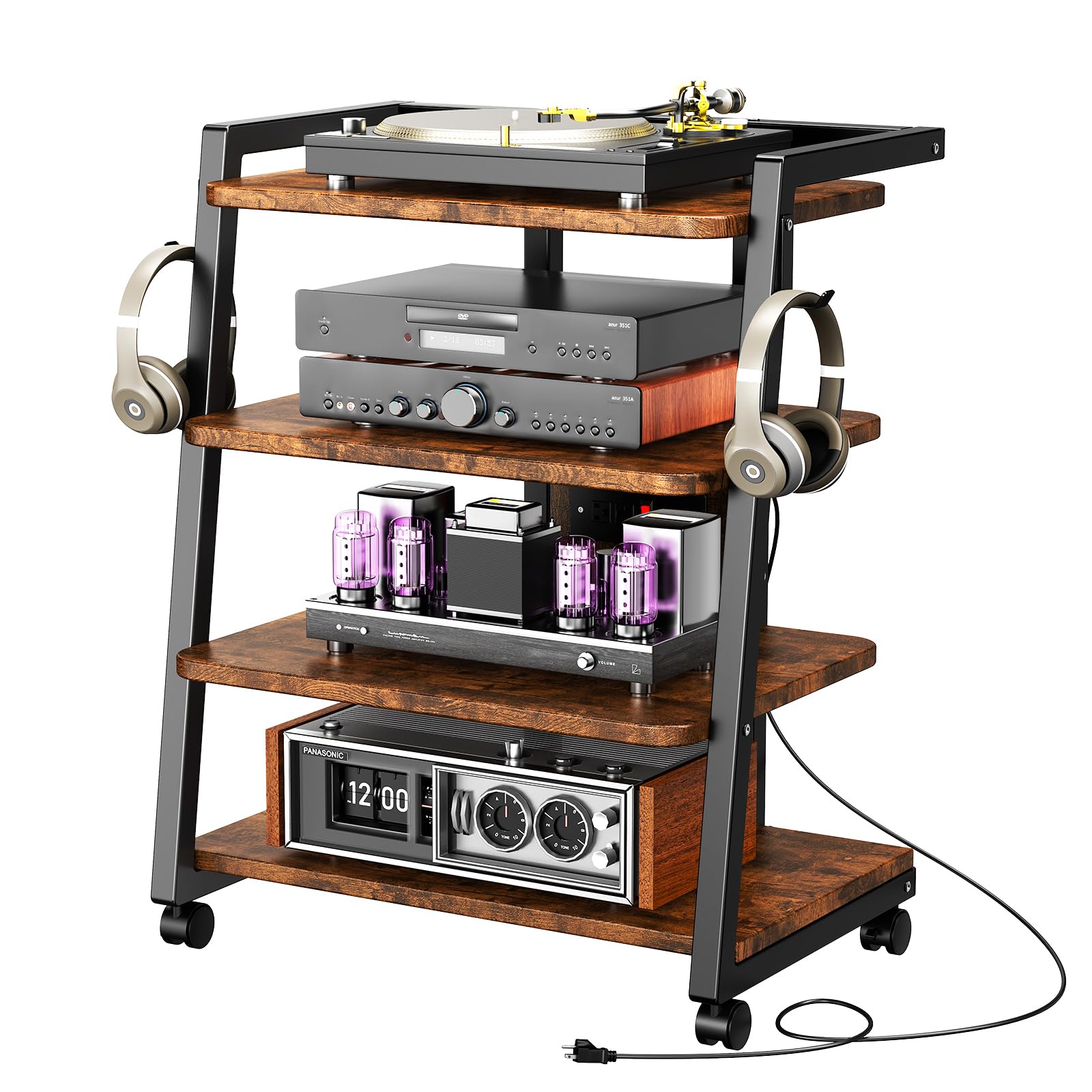 cabte mobile av media stand with outlets and 4 rolling caster wheels, 4-tier rolling tv stand for gaming console, stereo, dvd player, sturdy metal frame, versatile living room,bedroom (retro brown)