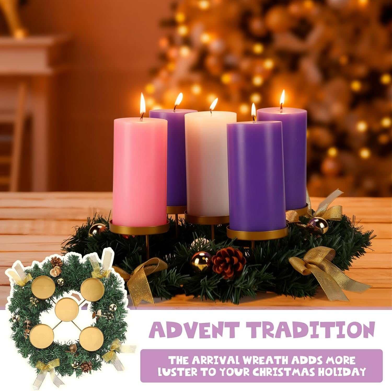 Christmas Advent Wreath Candle Holder with 5 Candles Gold Ribbon Candle Stand Decoration Ring Centerpiece Decoration for Nativity Rustic Home Church