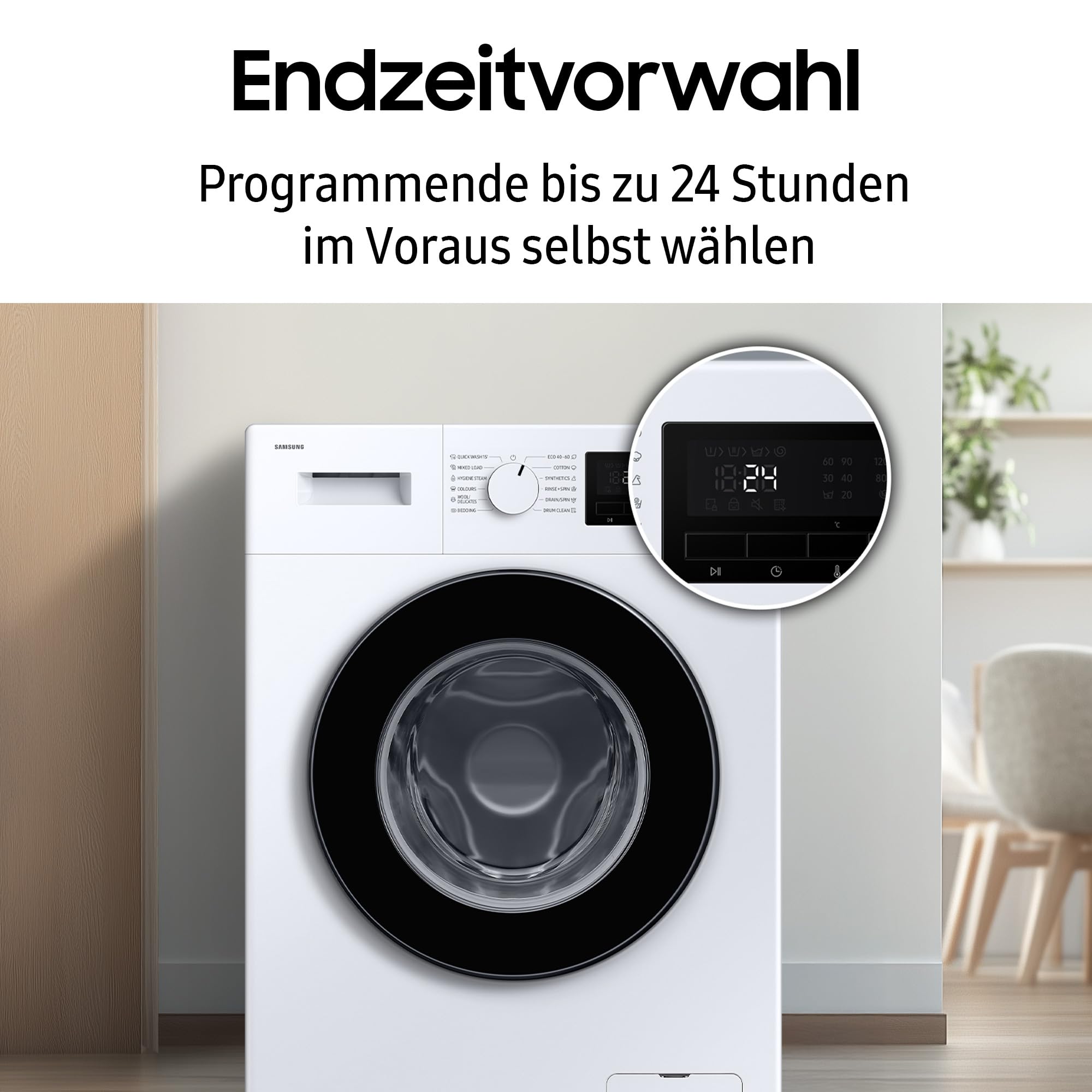 Samsung WW90FG3M05TWEG Waschmaschine, 9 kg, EEK: A, Hygiene-Dampfprogramm, Schnelle Wäsche 15', Trommelreinigung, Weiß