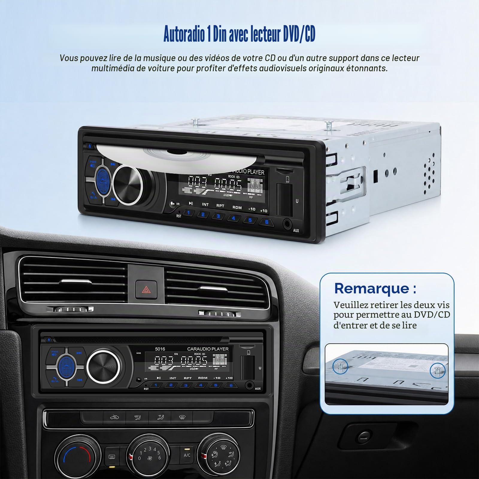 SIXTOP 1 DIN Autoradio avec lecteur DVD/CD, Autoradio 1Din Système Mains Libres Bluetooth Radio 1Din avec FM AM Radio, Lecteur MP3 avec Contrôle APP Prend en Charge l'entrée AUX/lecture/Chargement USB