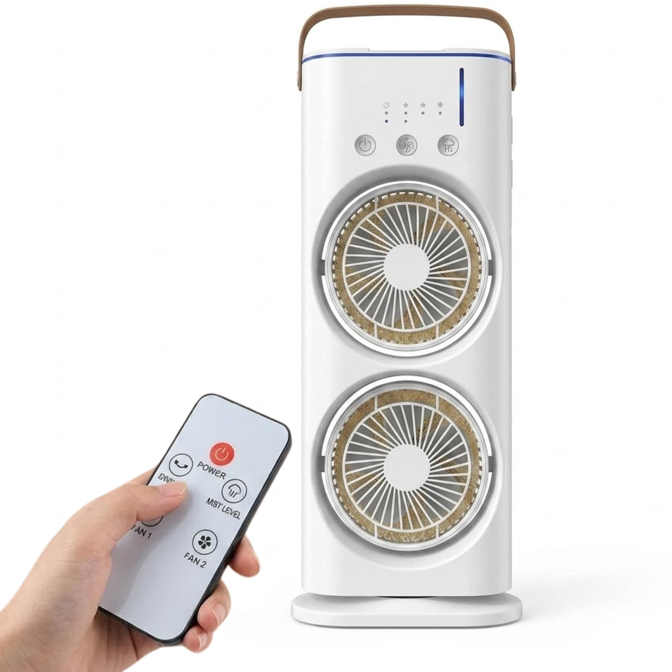 DRUMSTONE (Luxurious 5 Year Warranty) Double Ended USB Rechargeable Air Cooler Fan with LED Light | 3-Speed Spray Mist Fan with Remote & Touch Control | 280ml Ice Tank, Cold Mist Cooling Fan WHITE-image-14