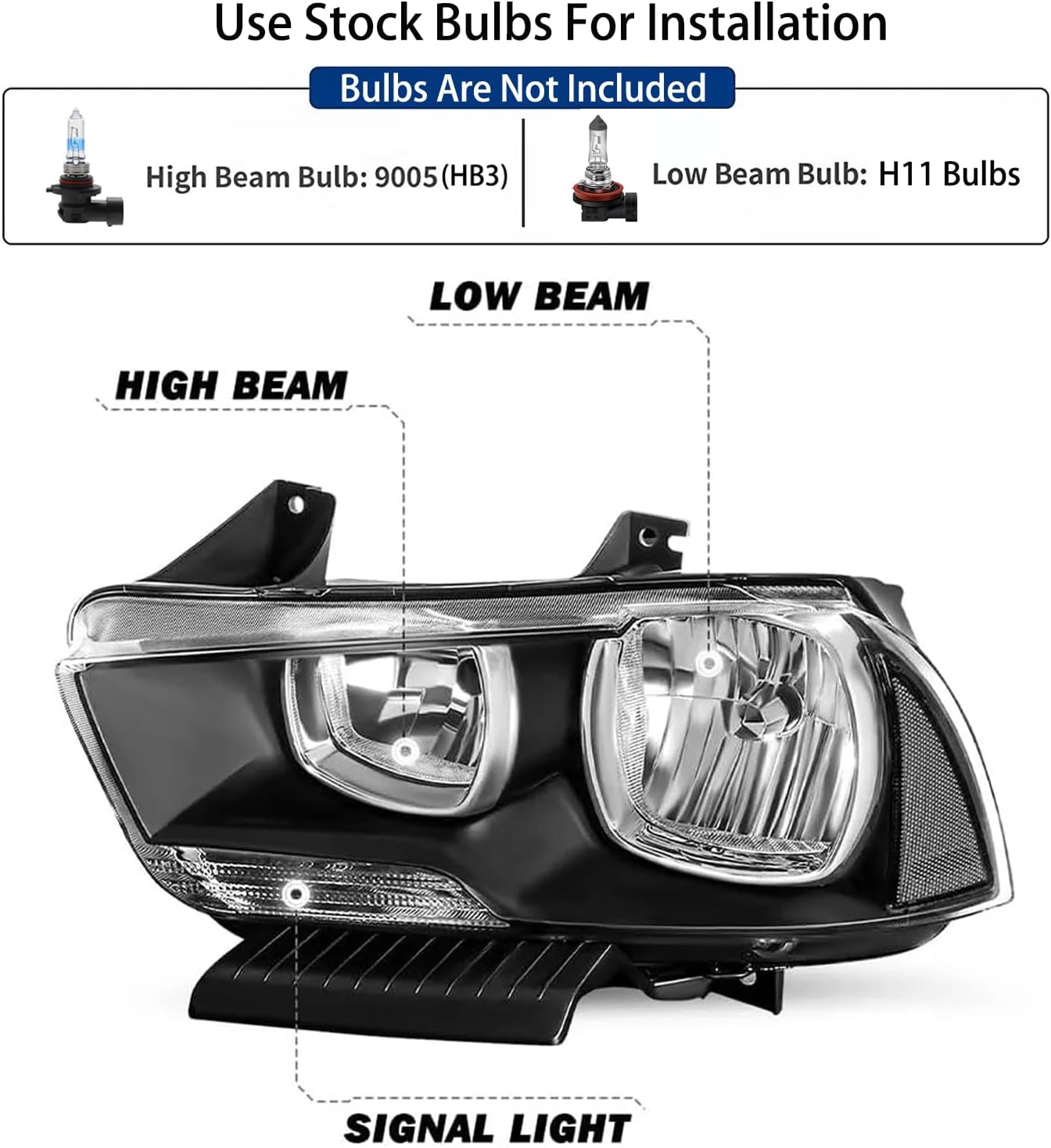 OE Style Headlight Assembly Set For 2011 2012 2013 2014 Dodge Charger R/T SE SRT8 SXT Plus Persuit Sedan Replacement Headlamp Black Housing Clear Reflector Lens Driver and Passenger Side(LH&RH)