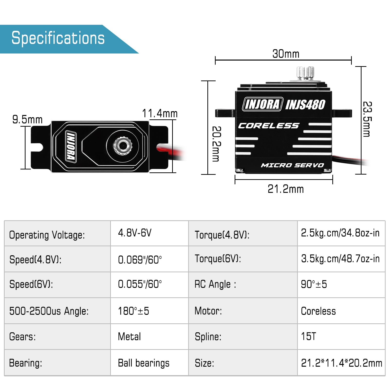 INJORA INJS480 Servo Micro Sin Núcleo con Servo Saver para Losi Micro-B MicroT