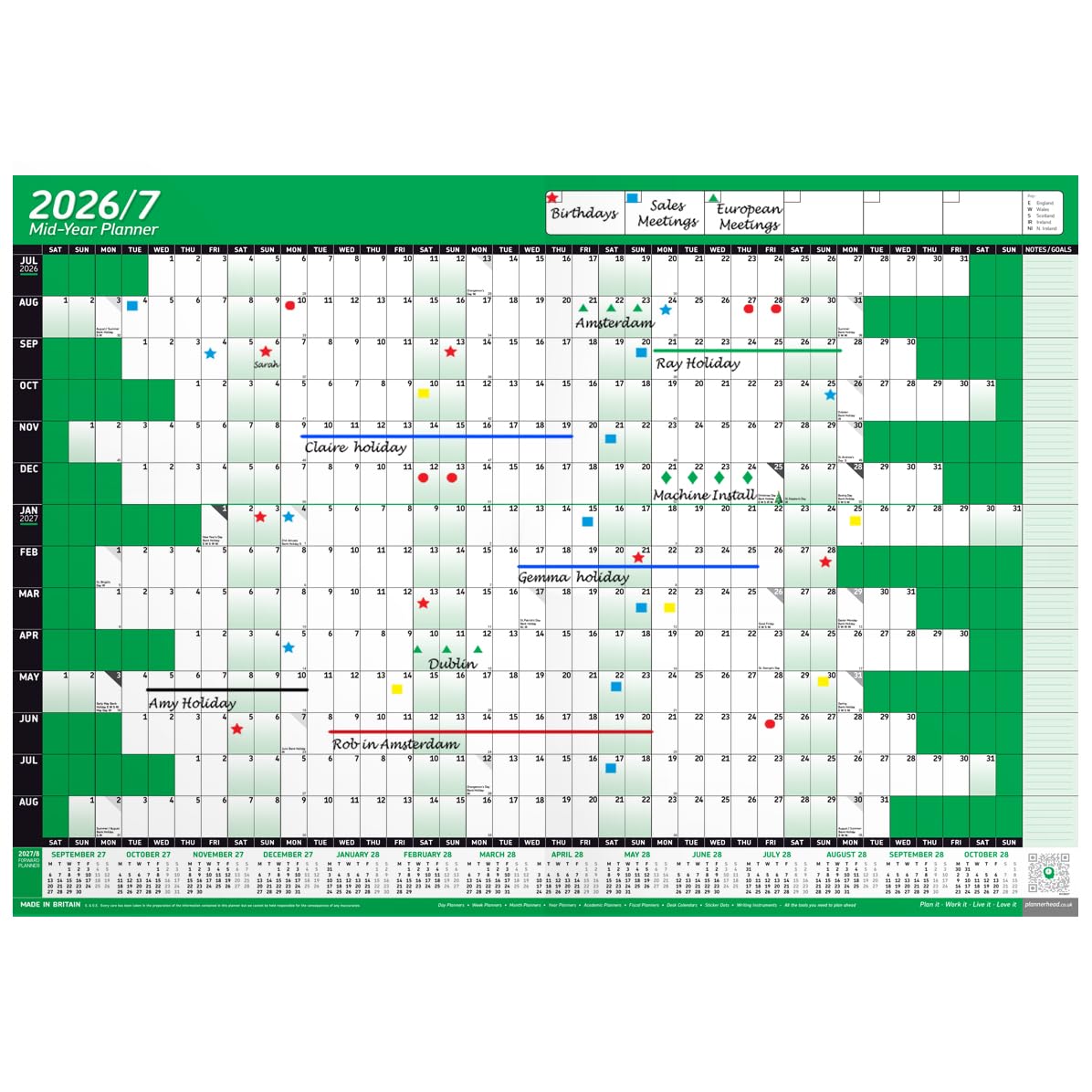 PlannerHead 2026/2027 Laminated Academic Wall Planner/Mid Year Calendar July 2026-August 2027 UK/Dry Wipe Pen & Stickers/Green A1+ 62cm x 88cm (Rolled)