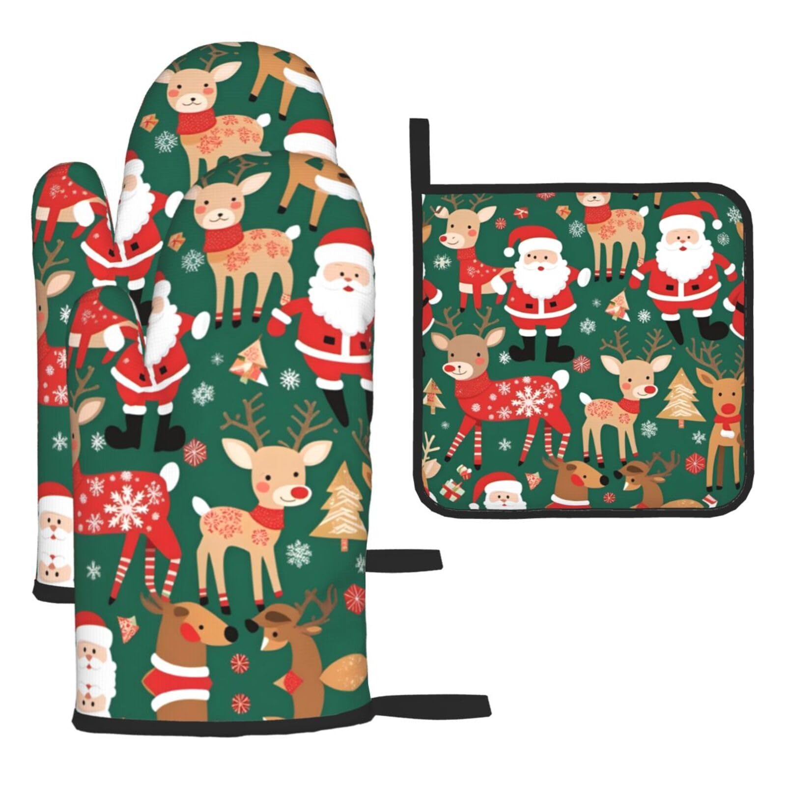 Santa Claus and Christmas deer Printed Oven Mitt Set 3-Piece | Heat Resistant Gloves & Pot Holder Mat for Cooking, Baking & BBQ