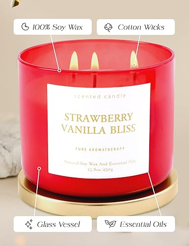 Miniatura 4 de Strawberry Vanilla Bliss - Vela perfumada de soja de 3 mechas de 15.8 onzas  Vela grande de bayas y vainilla para el hogar  Vela relajante de