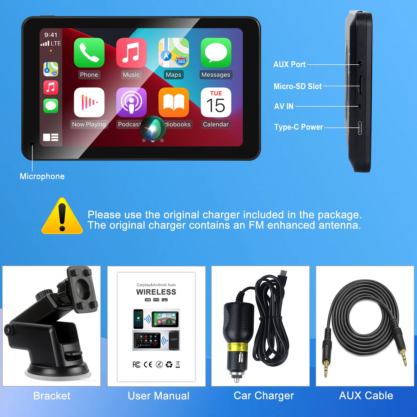 Wireless Apple CarPlay Android Auto Screen, Car Stereo 7" HD Touch Screen AirPlay Portable Navigation Radio Video Music Player Bluetooth WiFi, Voice Control, Mirror Link — view 8