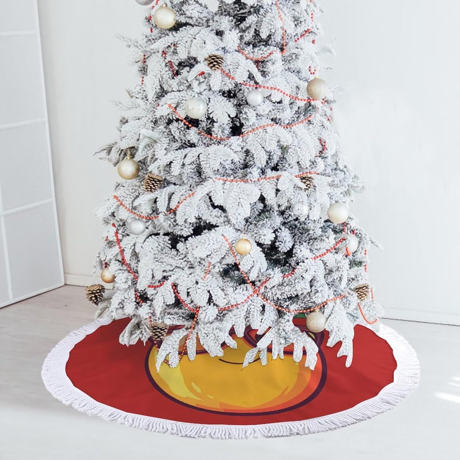 Funny Mango with Glasses Christmas Tree Skirt Round Xmas Tree Mat Ornaments Tree Skirts with Tassels for Holiday Party