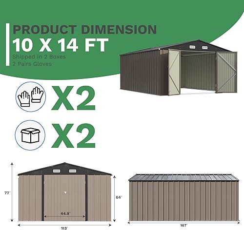 Vista 75 de Patiowell - Cobertizo de almacenamiento de 10 x 12 pies para herramientas, de metal y con puertas con cerradura, para exteriores, jardín, patio Gris