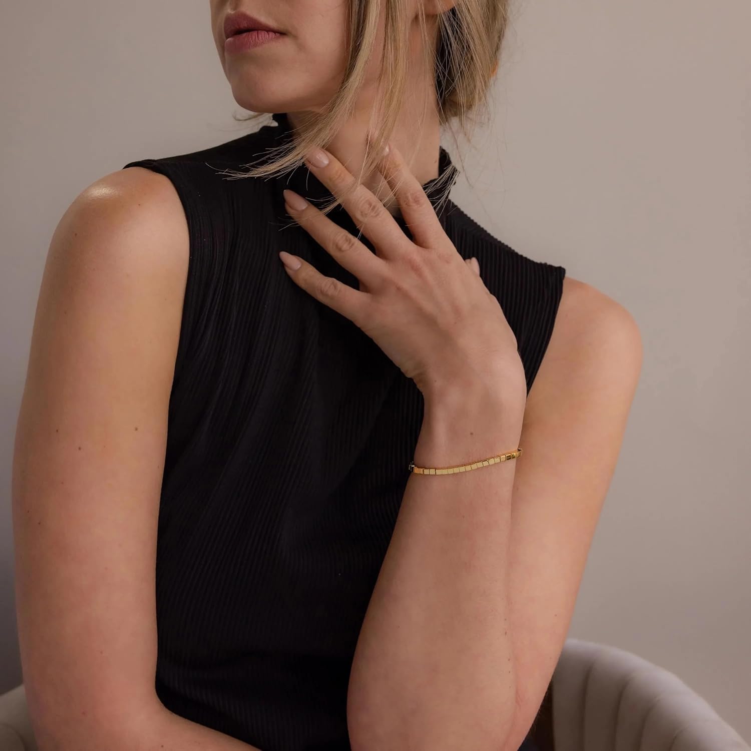 CAITLYNMINIMALIST 18K Gold Plated Sterling Silver Cube Geometric Statement Stacking Bracelet for Women Gift for Her