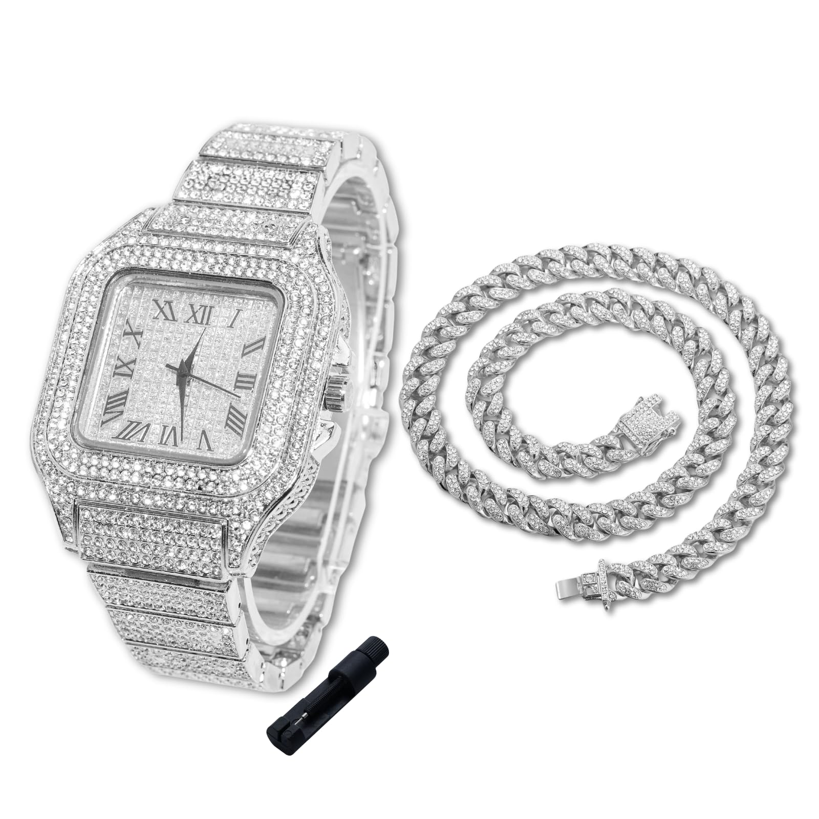 Halukakah Diamanten Gold Uhr Iced Out für Jungen - 18K Echtgold/Platin Platiniert,40mm Quadrat Zifferblatt,Japanisches Quarzwerk - 20cm Länge - Optional mit Cuban Gliederkette,mit Anpassungswerkzeug