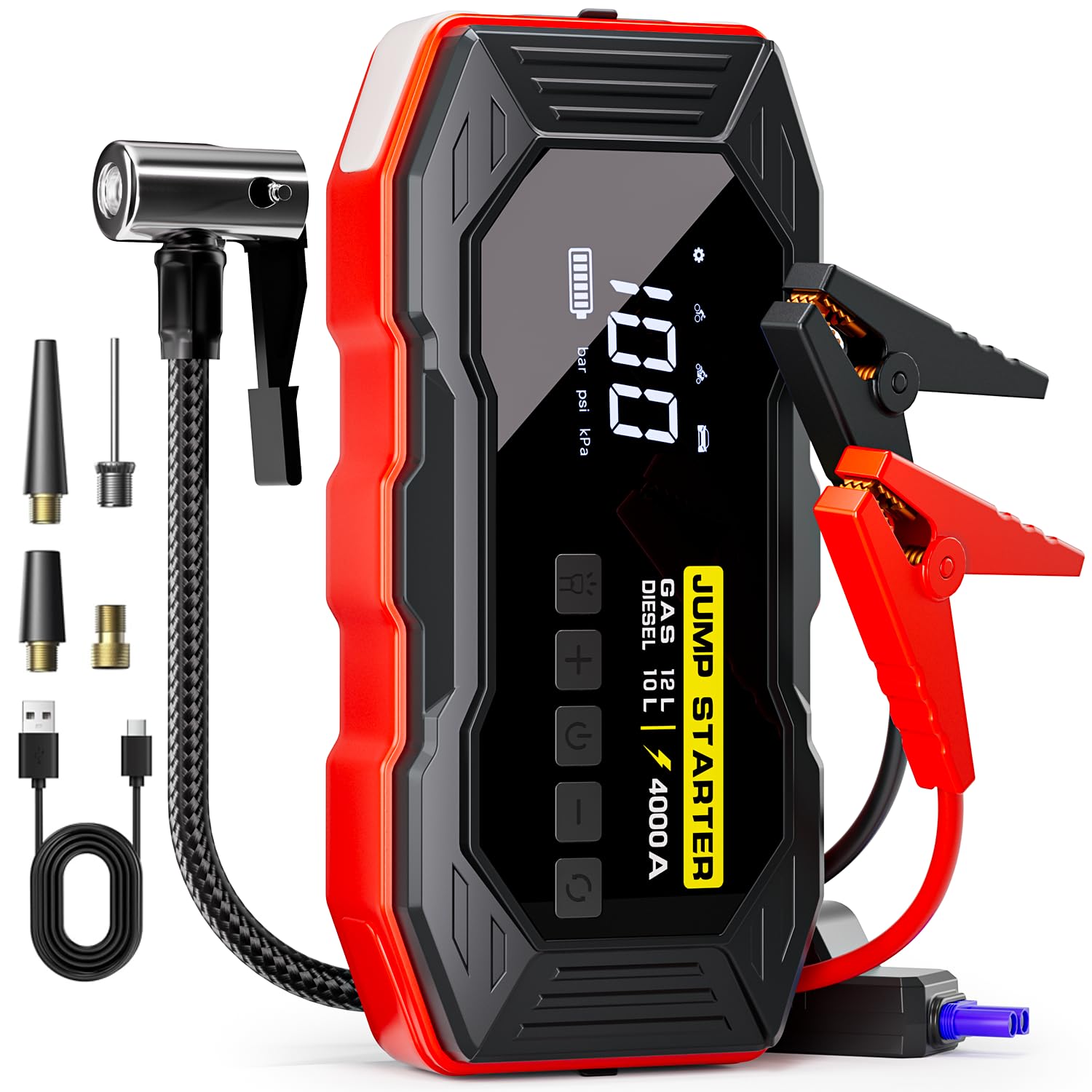 Jump Starter with Air Compressor 4000A Portable Car Battery Jump Starter (All Gas/10L Diesel), 160PSI Auto-Shutoff Tire Inflator Air Compressor, SuperSafe 12V Jump Box Car Battery Jumper Booster