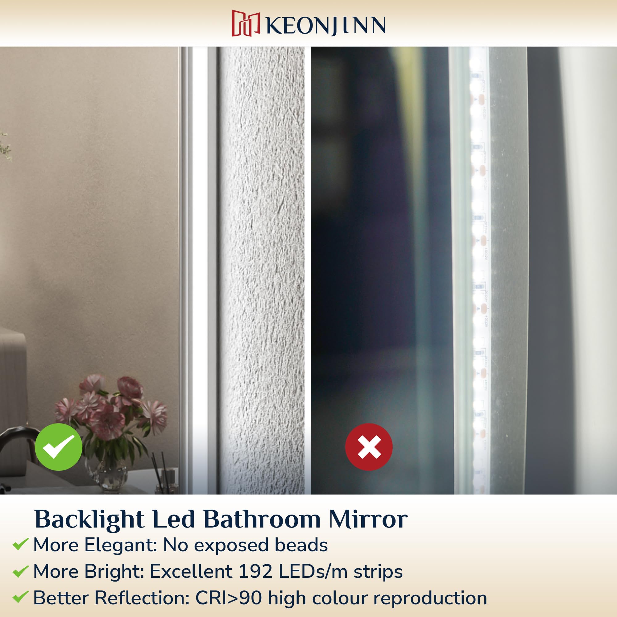 Keonjinn 100x80cm Miroir LED Salle de Bain avec Eclairage, Miroir Carré Rétroéclairé Antibuée, 3 Couleurs Lumière, Gradable, Mémoire, Verre Trempé IP44 Étanche, Horizontal/Vertical