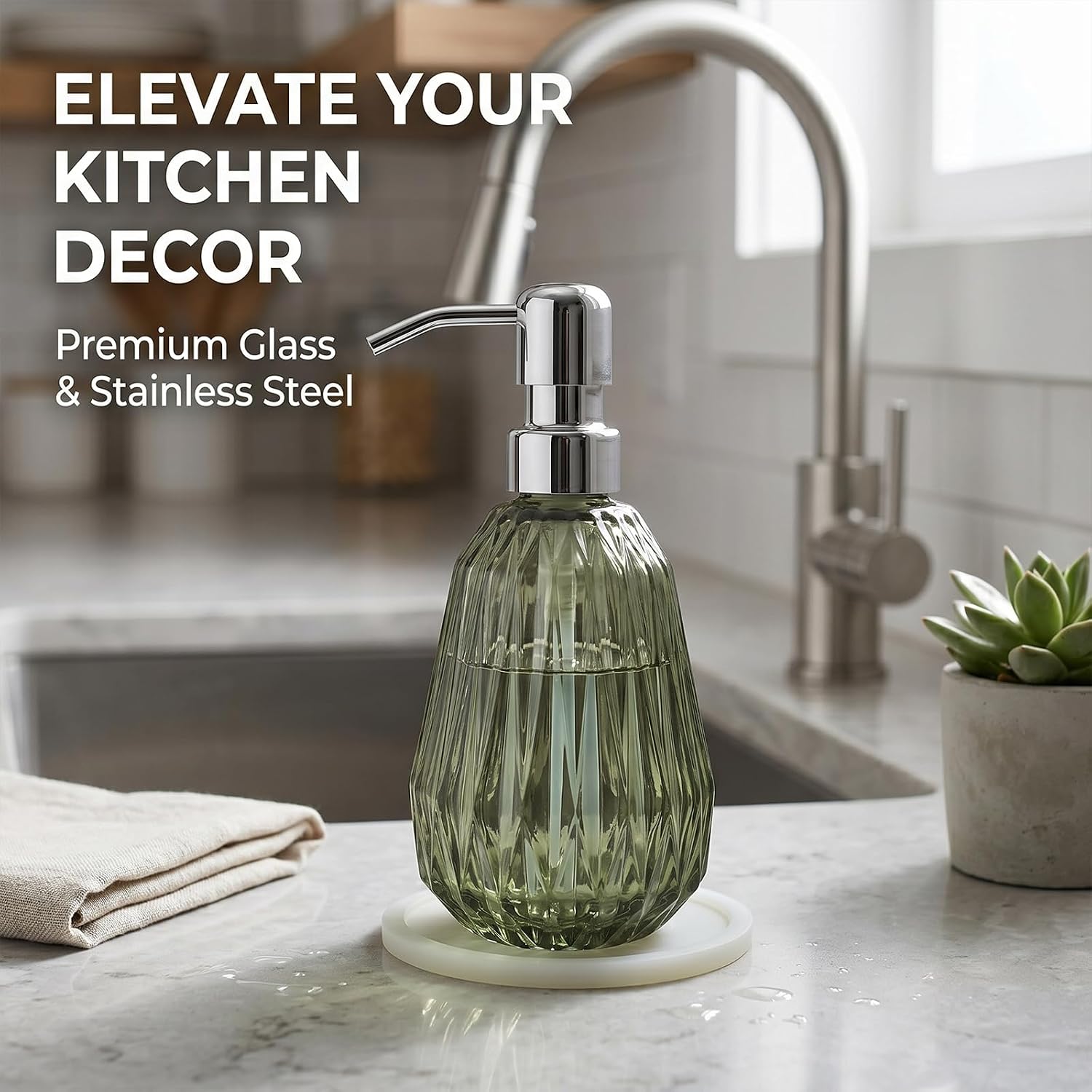 Glass Dish Soap Dispenser, Steel Pump, 9.2 fl oz, Dark Green image 3