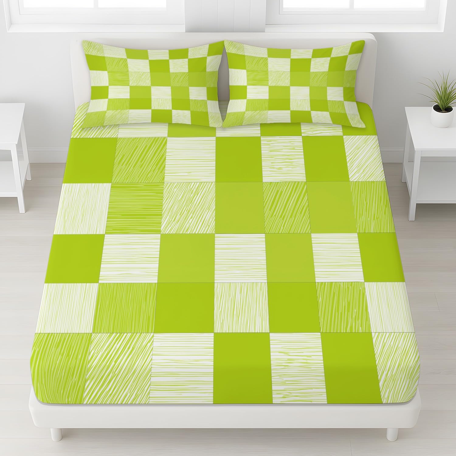 Geometrisch Kariert Spannbetttuch Frisch Quadrat Gittermuster Spannbettlaken 140 x 200 x 30 cm 3teilig Mikrofaser Bettwäsche Set mit 2 Kissenbezüge 80 x 80 cm Kein Flachbettlaken