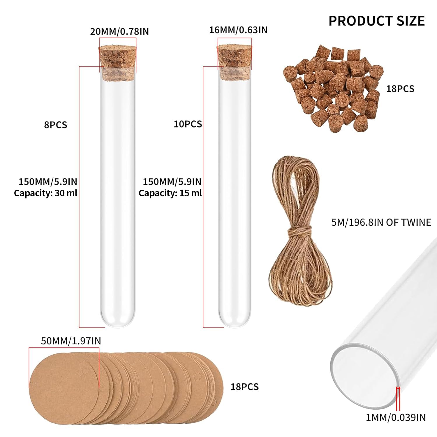 Set 15 Provette In Plastica Con Tappi Di Sughero - 16x150mm, Trasparenti, Con 24 Etichette Kraft Per Fiori E Laboratorio