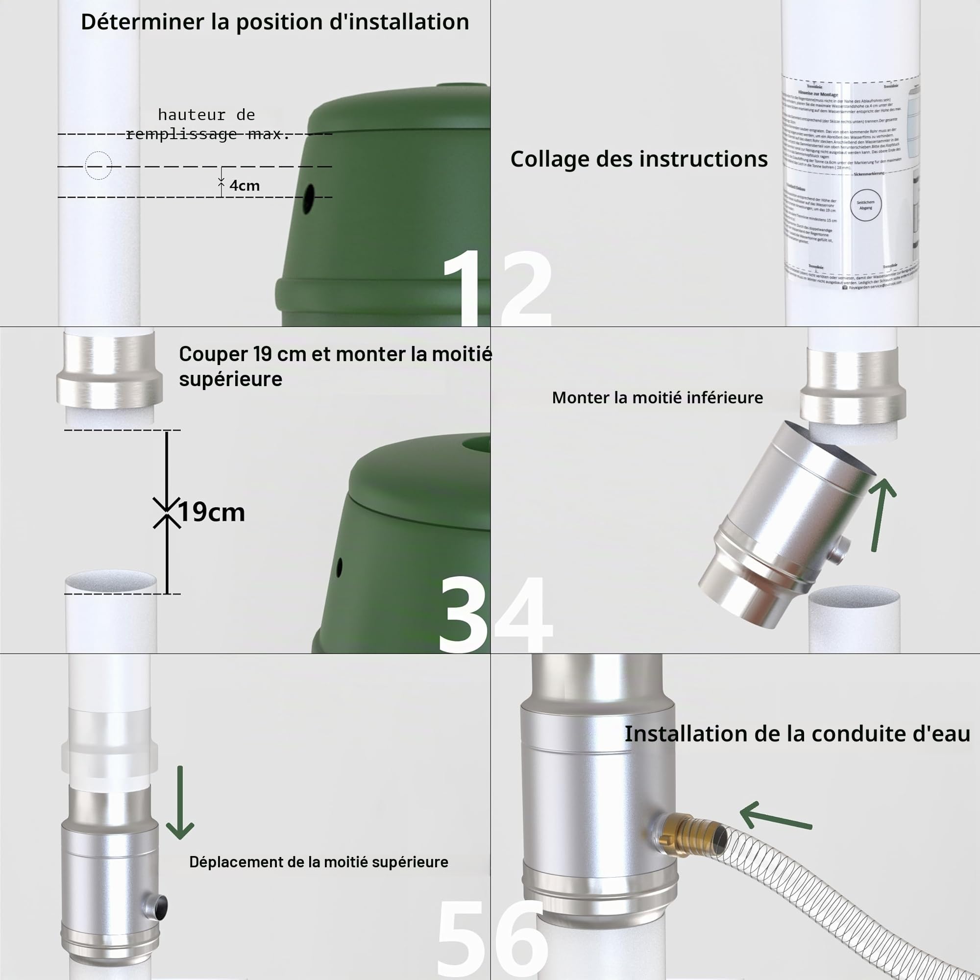 IGarden Collecteur d'eau de pluie de 87 mm avec raccord de tuyau et de tonneau de 45 cm pour le tuyau de descente, tôle d'acier galvanisée + collecteur d'eau en aluminium, construction à double paroi