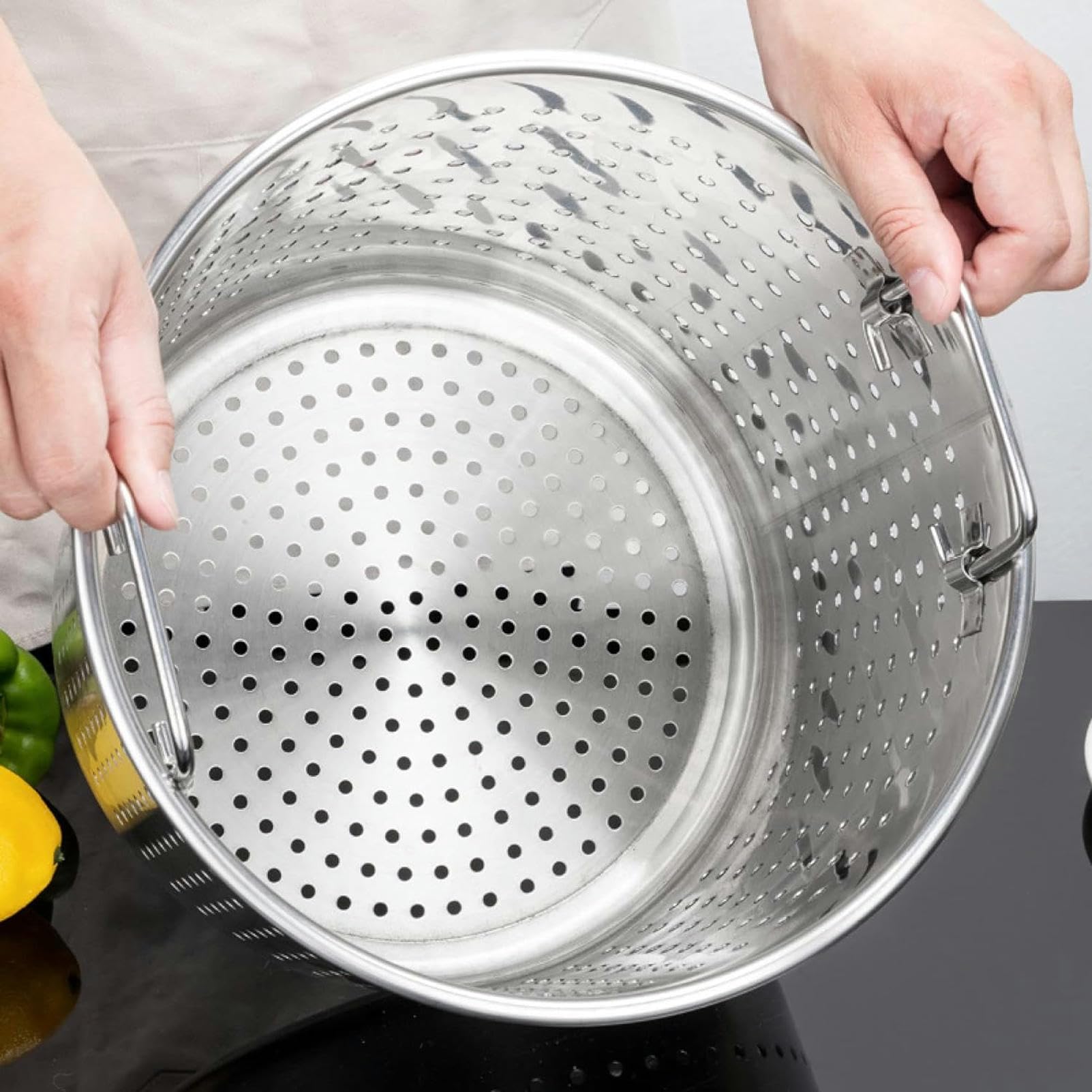 27Qt/45Qt/63Qt Duży Garnek Do Gotowania Raków I Owoców Morza Z Koszykiem Do Gotowania Na Parze I Pokrywką - Ciężki Kociołek Do Smażenia Indyka, Do Gotowania Na Świeżym Powietrzu I，Siliver-45x45cm