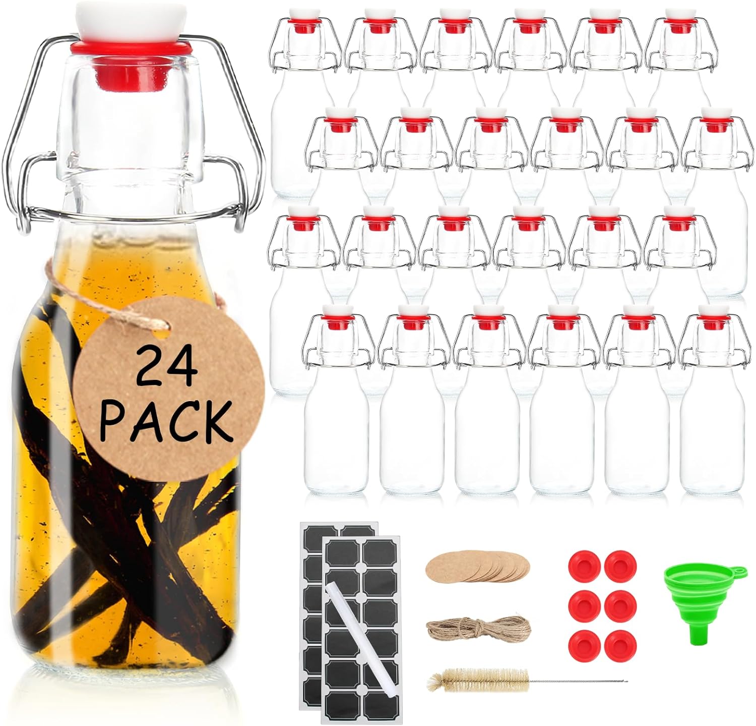 Ruckae 24 Pack 4oz Swing Top Glass Bottles with Lids Kombucha Coquito Flip Top Glass Bottle for Syrup Vanilla Extract Brew Beer Kefir Air Tight Bottles for Gift (4 oz 24 pack)