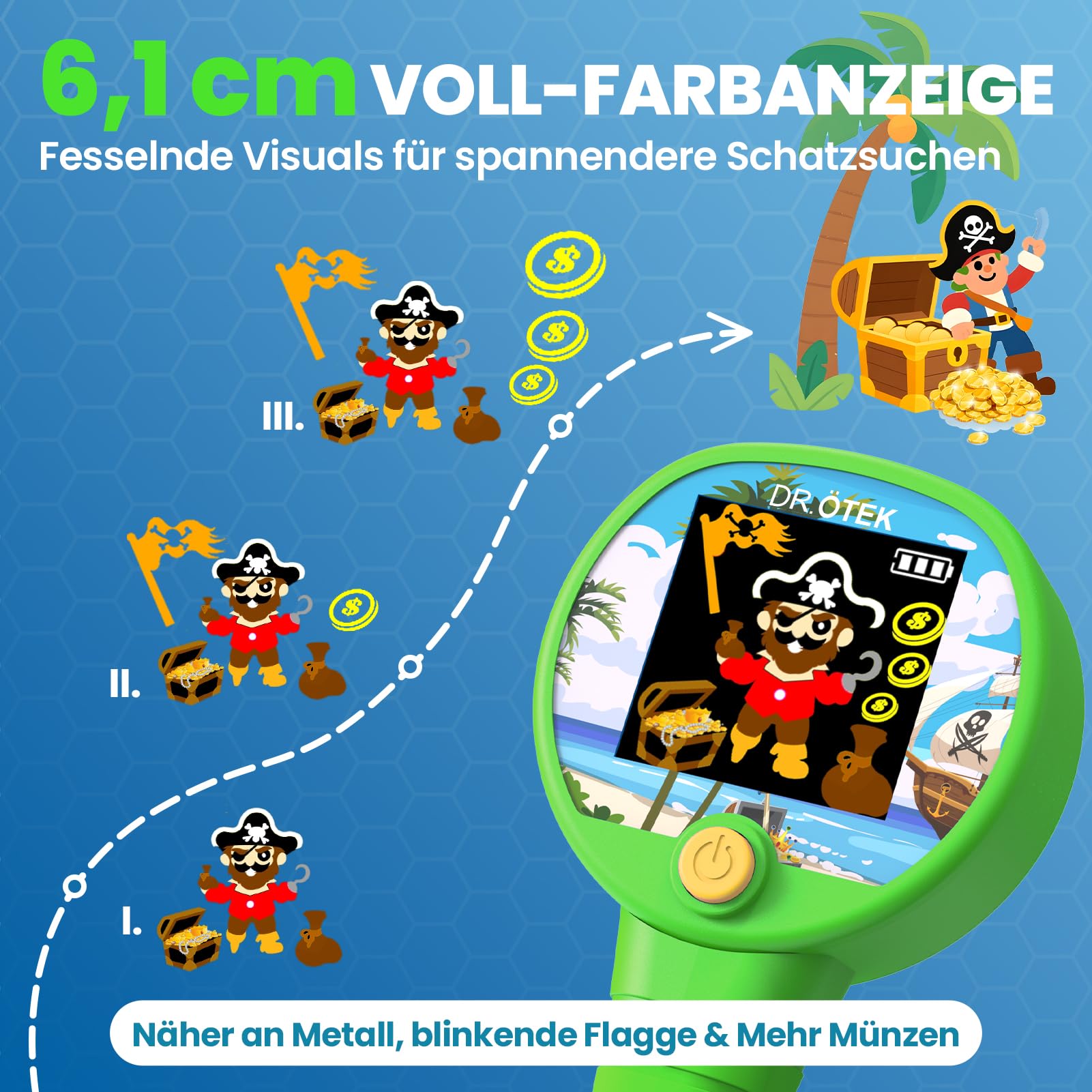 DR.ÖTEK Metalldetektor Kinder, Farb-LCD & 6" Leuchtspule, Leicht & Einstellbar, Rutschfester Griff, Kinder Metalldetektor Set für 3-12, Jungen & Mädchen, Grün
