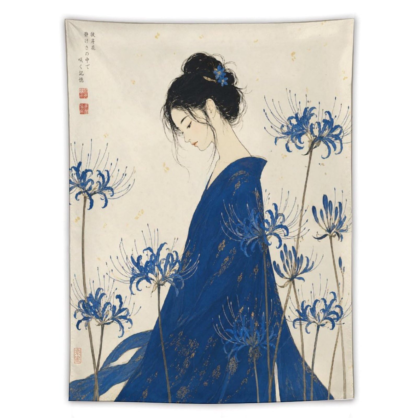 W7C8U2X3 Blue Kimono Woman Wall Tapestry, Ukiyo-e, Ceiling Hanging