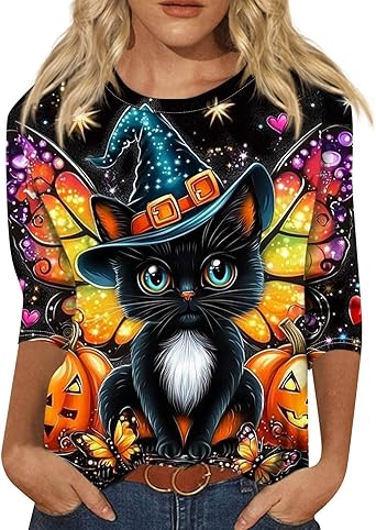 Cute Funny Halloween Shirts for Women Plus Size 3/4 Length Long Sleeve Womens Tops Witch Gothic Renaissance Shirt
