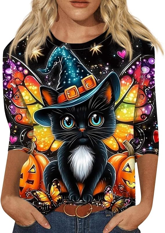 Cute Funny Halloween Shirts for Women Plus Size 3/4 Length Long Sleeve Womens Tops Witch Gothic Renaissance Shirt