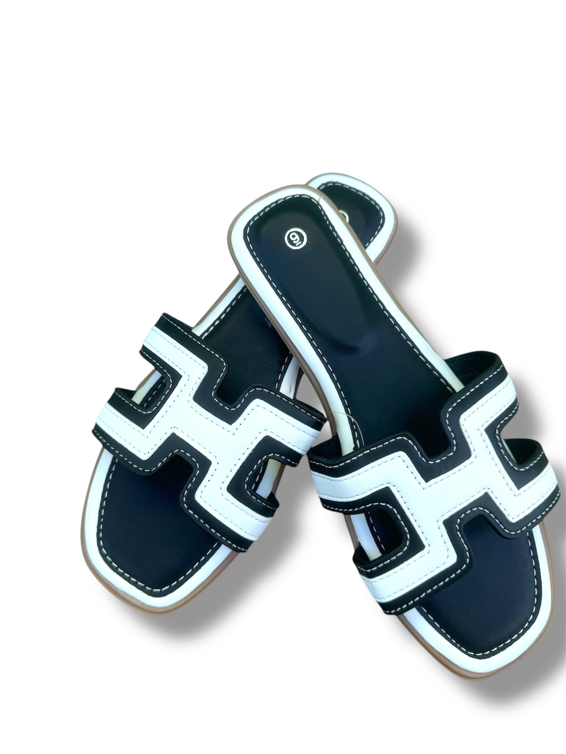 Women's H-Style Slide Sandals, Contrast Stitching, Multiple Colors, Flat Casual Slip-On.