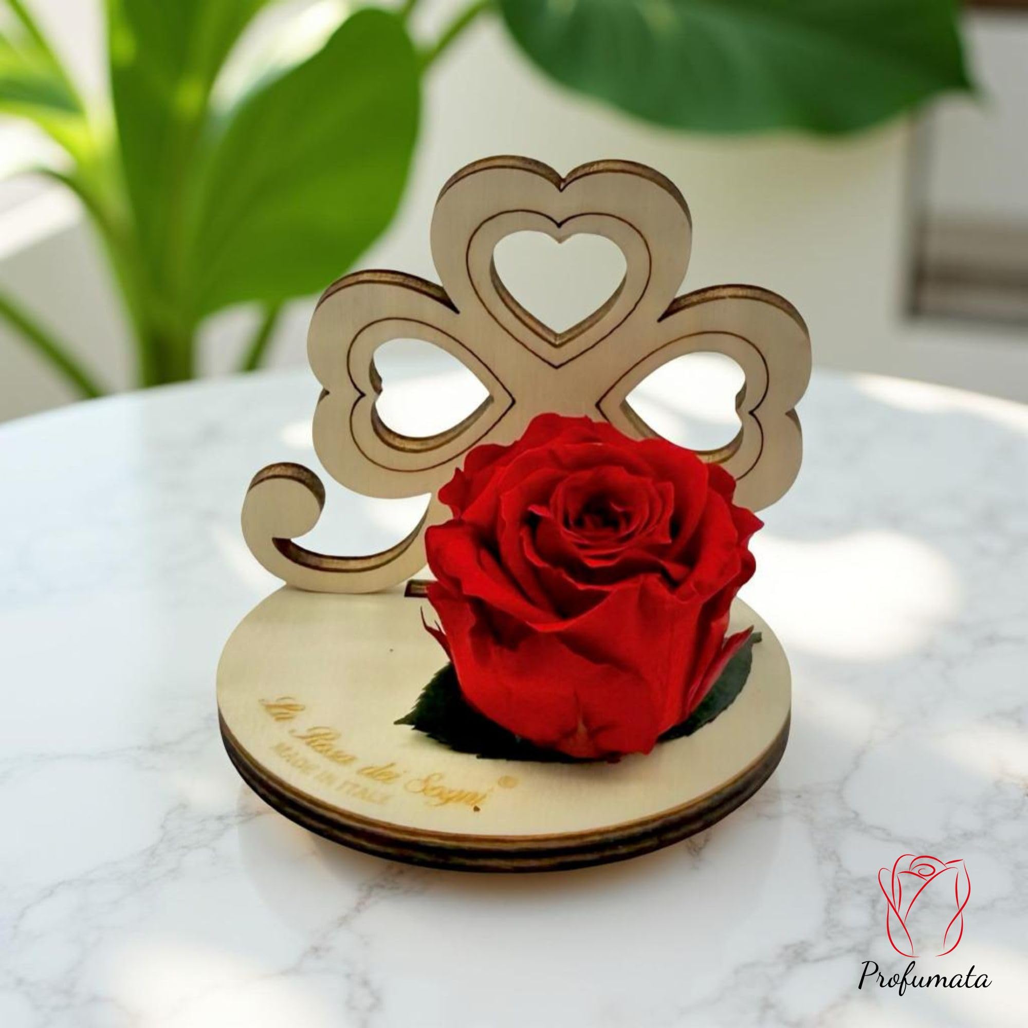 Rosa Stabilizzata con Quadrifoglio in Legno Intaglio Laser – Fiore Naturale a Lunga Durata - Made in Italy (Rosa)