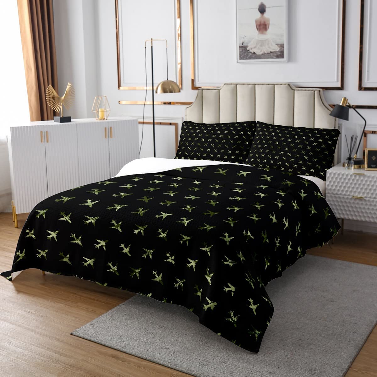 3 Piece Boys Airplane Quilt Bedding Set Women Aldult Lightweight Bedding Green Camouflage Bedspread Set Aircraft Flying Bedspread Coverlet Soft Microfiber Home Quilt Set for King Bed All Season
