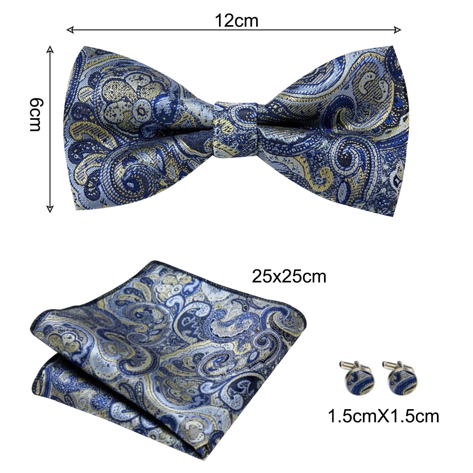 Fliege Herren und Manchettenknoepfe mit Einstecktuch Set, Verstellbare Polyester Vorgebunden Fliege Anzug Für Hochzeit Smoking Party