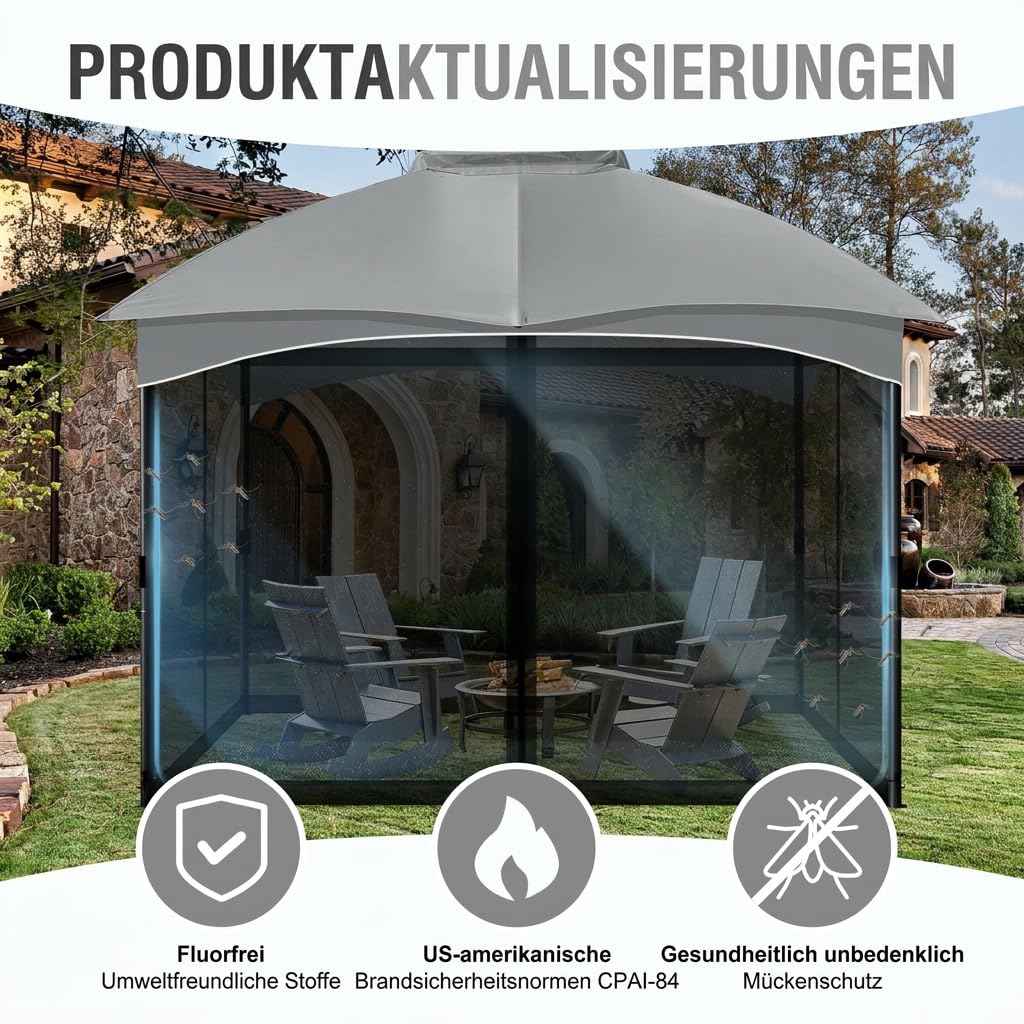 COWVIE Pavillon-Ersatznetz, 3 m x 3 m, Universal-Pavillon, 4 Paneele, Moskitonetz, Seitenwände mit Doppelreißverschlüssen für Außenterrasse (nur Netz)
