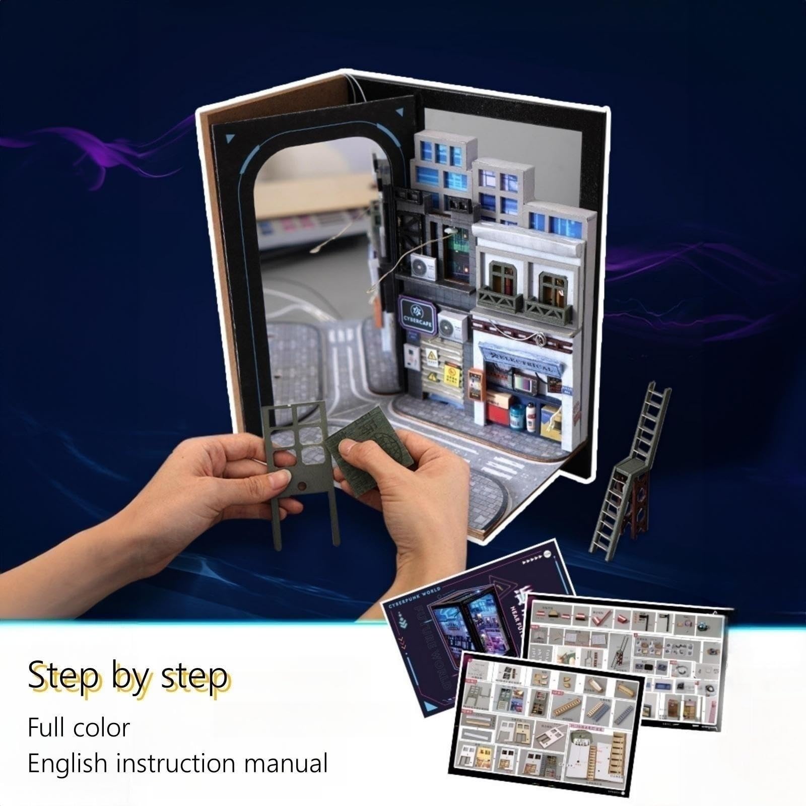 DIY Book Nook Cyberpunk Street View Multicolour Dollhouse LED Difficult Assembling 3D Puzzle (Future World)
