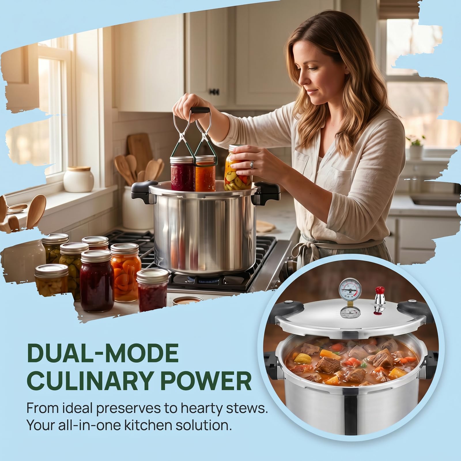 25 liter pressure cooker & Pressure Canner Cooker | induction compatible | Pressure gauge and pressure regulator | Aluminum and stainless steel | 13 Psi (+/- 5%) pressure release