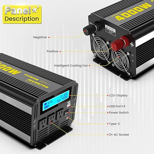 Miniatura 6 de Inversor de corriente de onda sinusoidal modificada de 4000 vatios, 12 V CC a CA 110 V120 V (pico) Convertidor de 5000 W, inversor de automóvil de 3