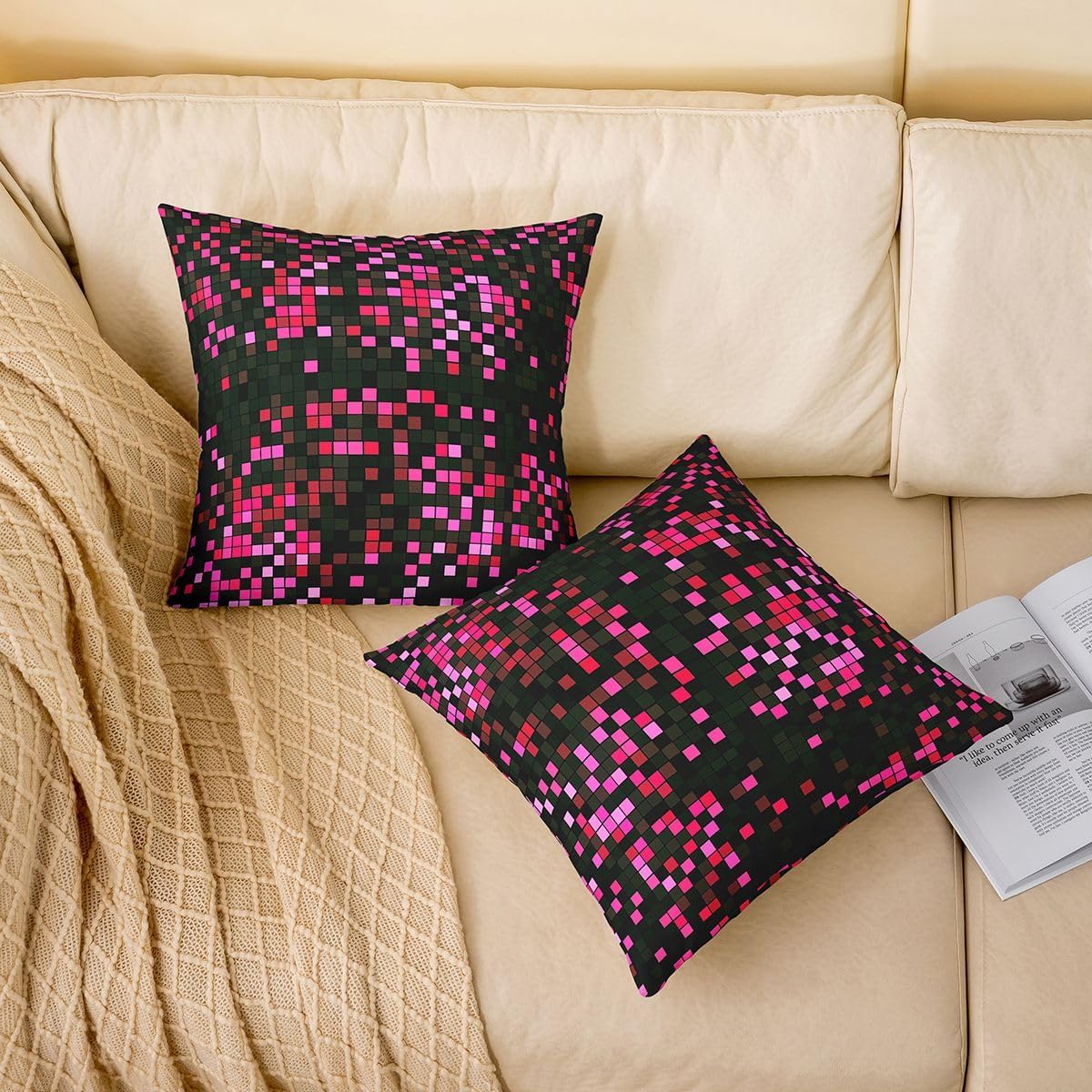 Feelyou Pixel Art Throw Pillow Covers 1 Pcs Pink Black Pixel Cushion Covers Gamer Room Decor Pillow Case for Couch Sofa Gaming Cushion Case Kids Boys Girls Bedroom Decor 24 x 24-Inch image 3
