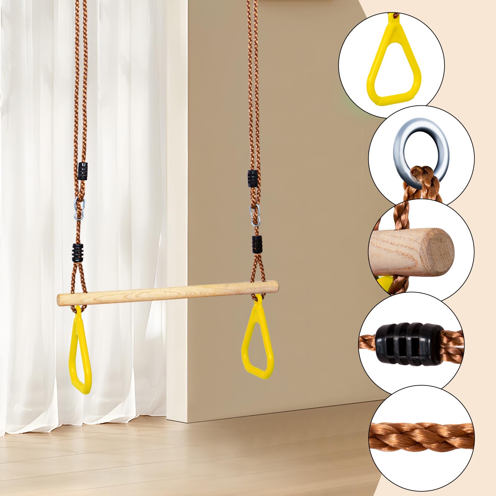 Leogreen Trapèze Balançoire en Bois avec Anneaux de Gymnastique, Jaune | 58*(120-200)cm, Charge maximale 150 kg, hauteur réglable, Barre de Traction de jardin extérieur pour Fitness