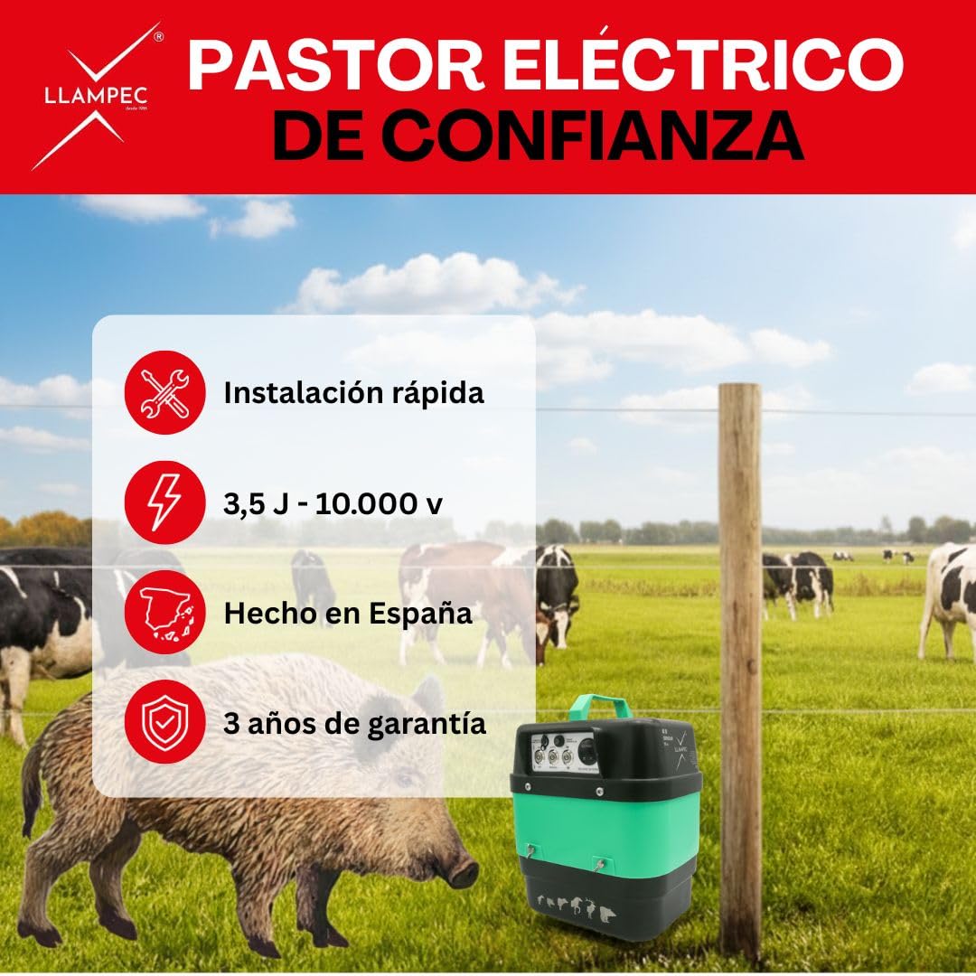Pastor Eléctrico Crepuscular Llampec Mod.50 – 6,3 J, 10.000 V y 75 km de Alcance – Especial Antijabalí con Sensor de Luz – Ideal para Ganado y Fauna Salvaje – Fabricado en España
