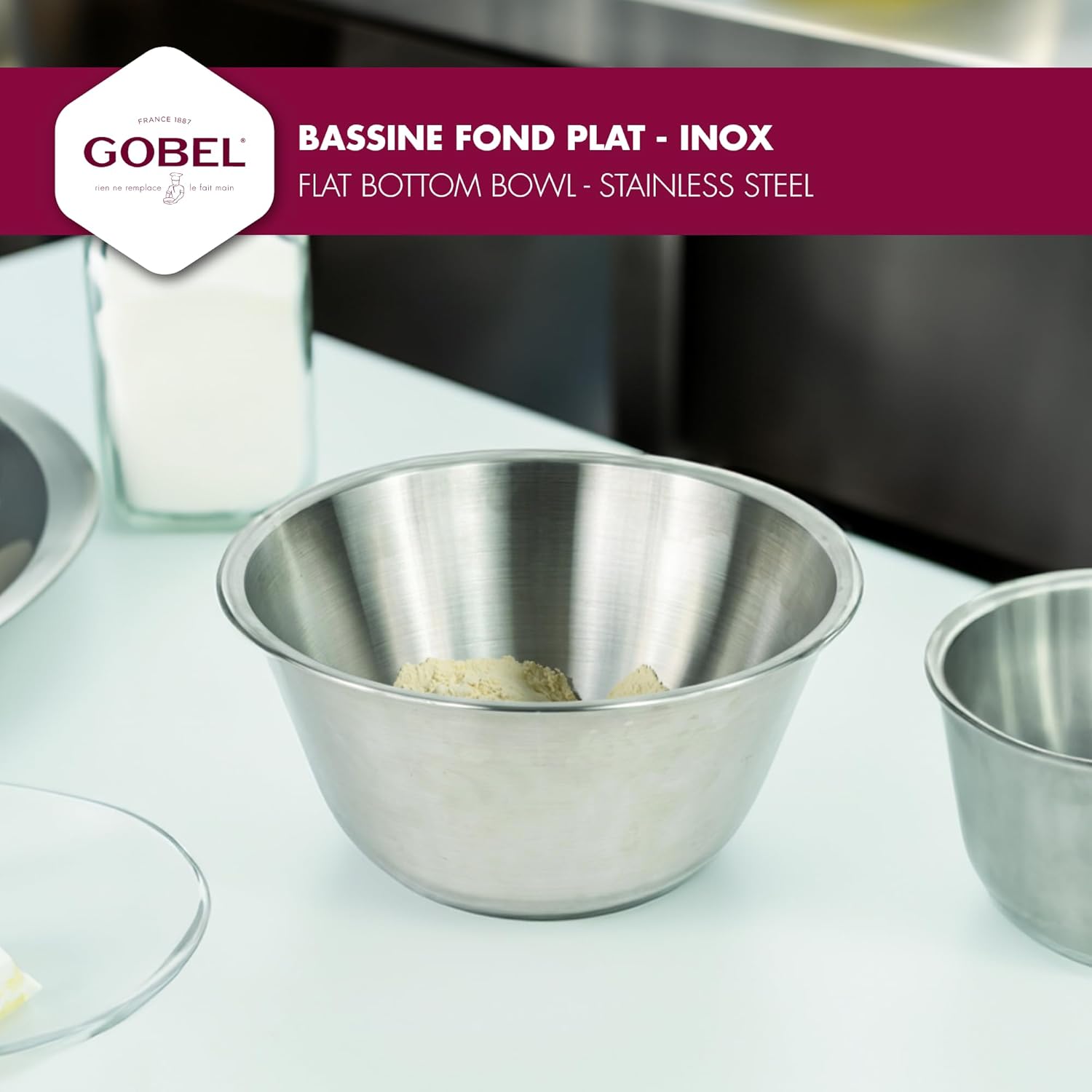 Gobel - Stainless steel flat bottom pastry bowl 28 cm - Professional mixing bowl - Large capacity for cooking and baking - Resistant and durable - Dishwasher safe