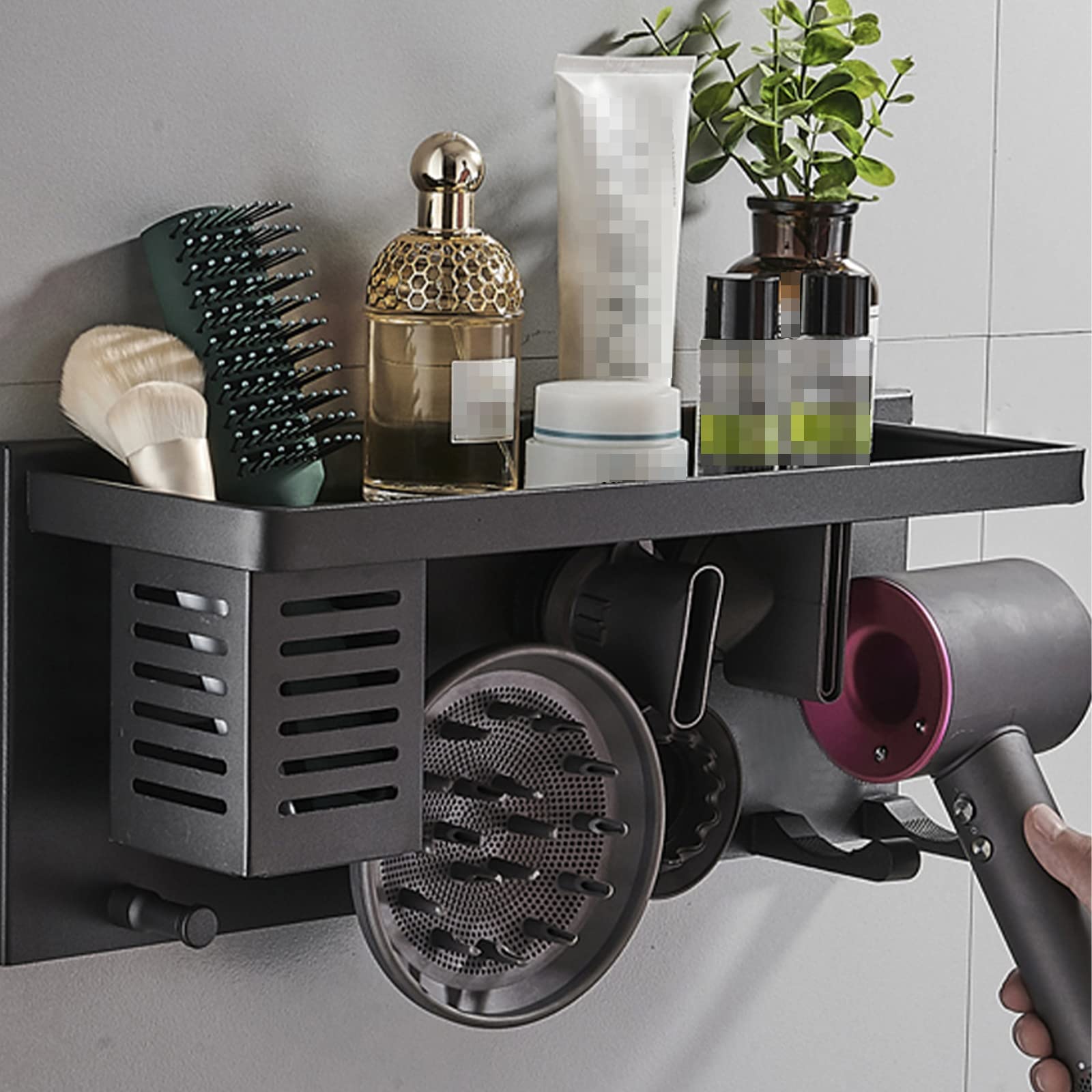 YYBO Porta phon e Piastra, Porta Piastra per Capelli Senza Foratura, Supporto Asciugacapelli da Parete Adesivo, Bagno Supporto per cilindri di arricciacapelli, Piastre (Nero