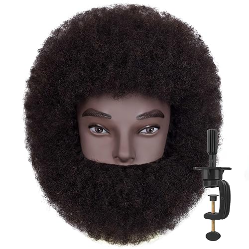DIRUISI 8"Afro Male Mannequin Head with Beard 100% Human Hair 4A Type for Braiding Hairdresser Training Head Cosmetology Afro Hair Manikin Head for