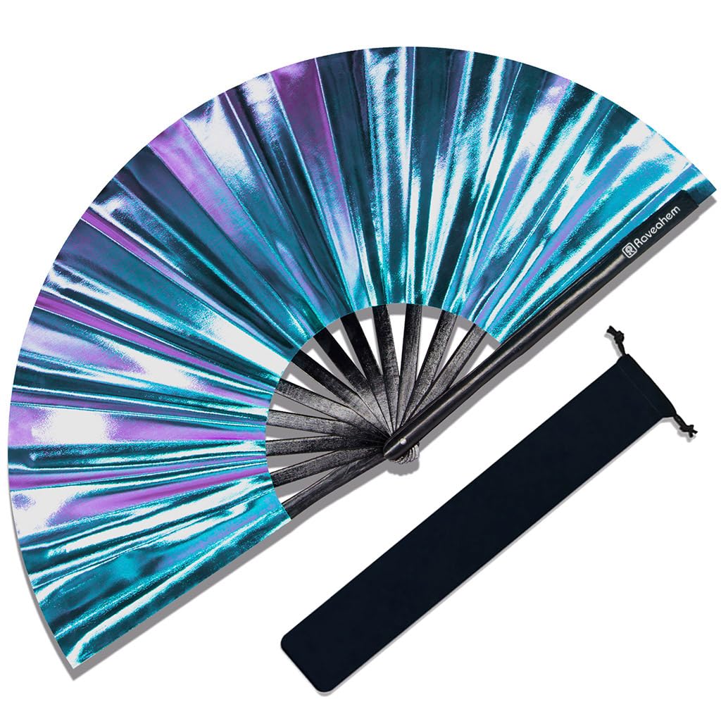 Raveahem Large Rave Fan, Clack Folding Hand Fan with Premium Fabric, Thick Bamboo Frame for Men Women Gift for EDM, Festival, Club, Party, Dance, Decoration (Holographic Blue-Purple, 11")