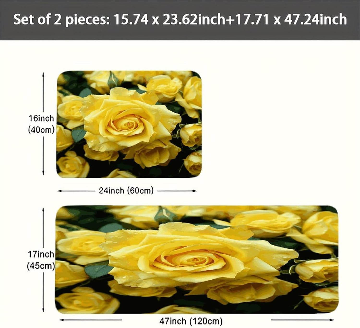Graceful Yellow Rose Flower Kitchen Mats with 2PCS Non-Slip Washable,Kitchen Rug Heavy Duty Durable, Floor Mats for Kitchen,Office,Sink,Laundry