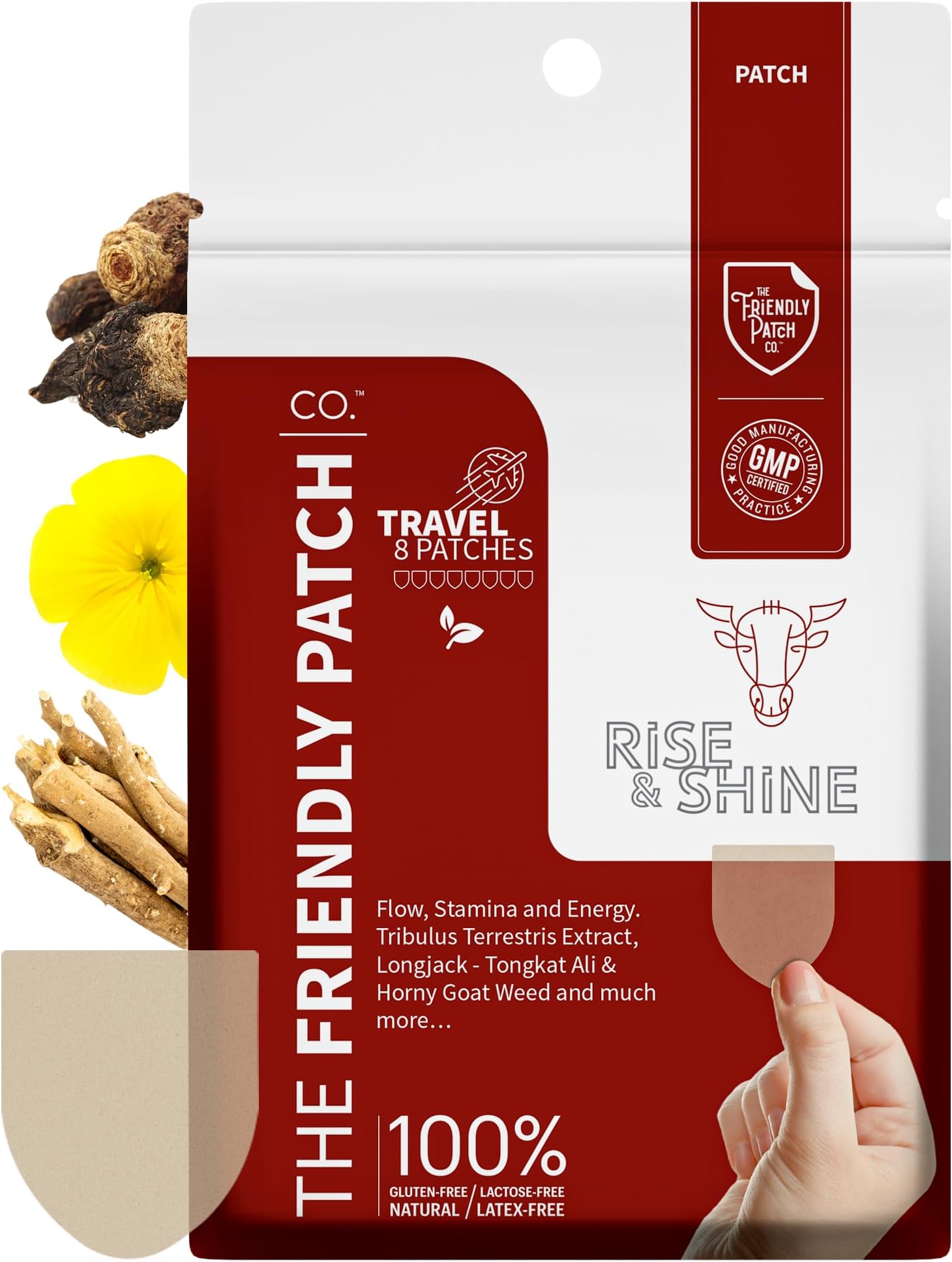 The Friendly Patch Rise & Shine โ Stamina strength performance Patches for Men with Tongkat Ali-Longjack, Horny Goat Weed, Tribulus Terrestris, Black Maca extra strength for Men & Women 8-Pack