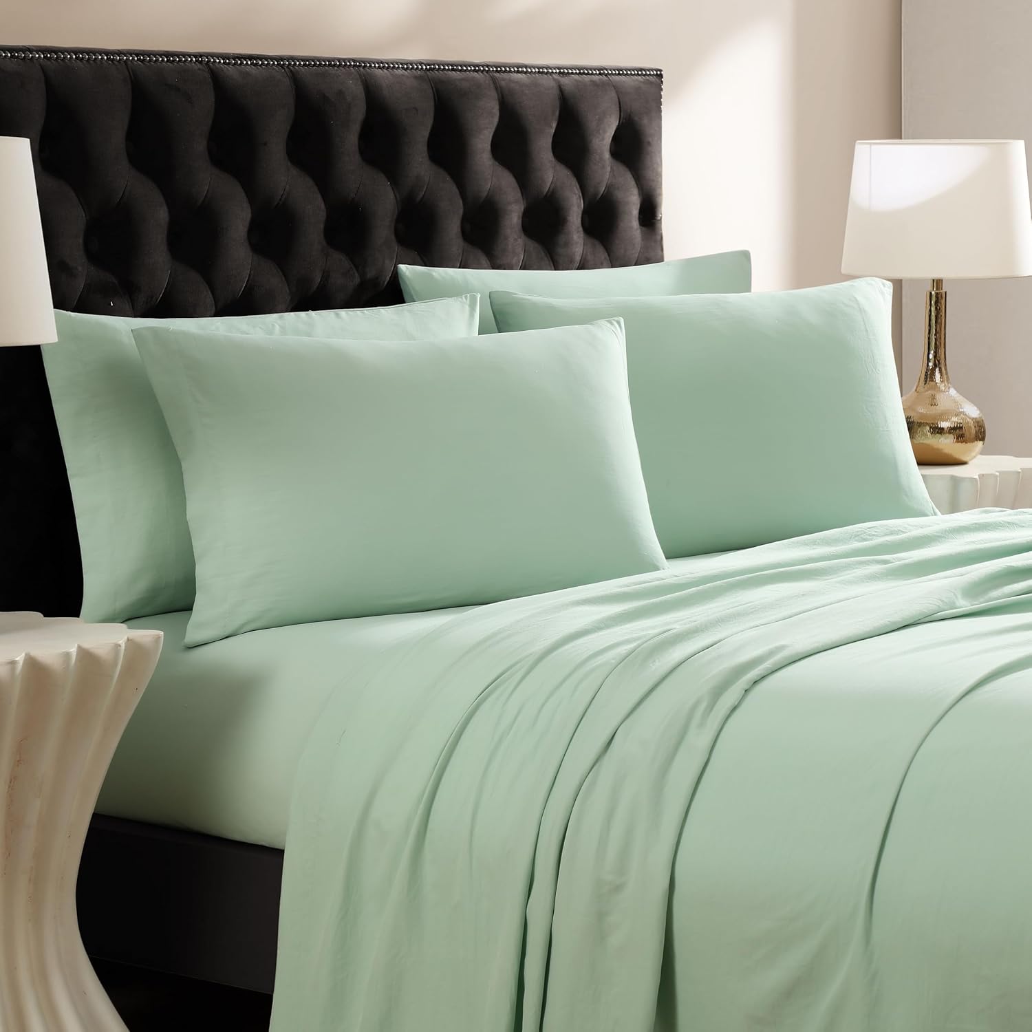 ELLE Decor Garment Washed Solid Microfiber 6-Piece Bed Sheet Set, 12-inch Deep Pocket, King, Sage