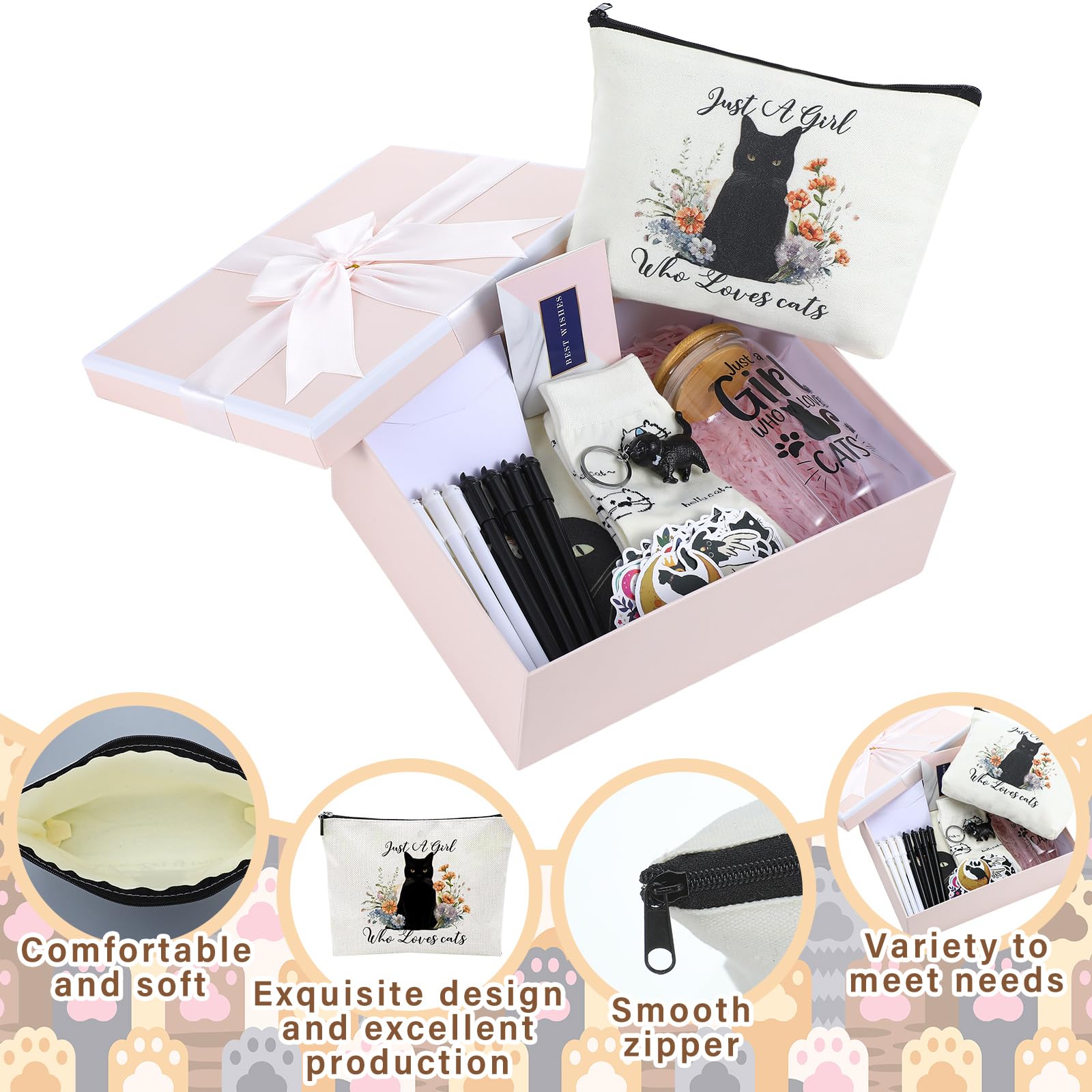Aliceset 62 piezas de regalos para amantes de los gatos para mujeres, juegos de regalos para mamá y gato, incluye bolsa de maquillaje con patrón de gato, bolsa de maquillaje, calcetines de vidrio de