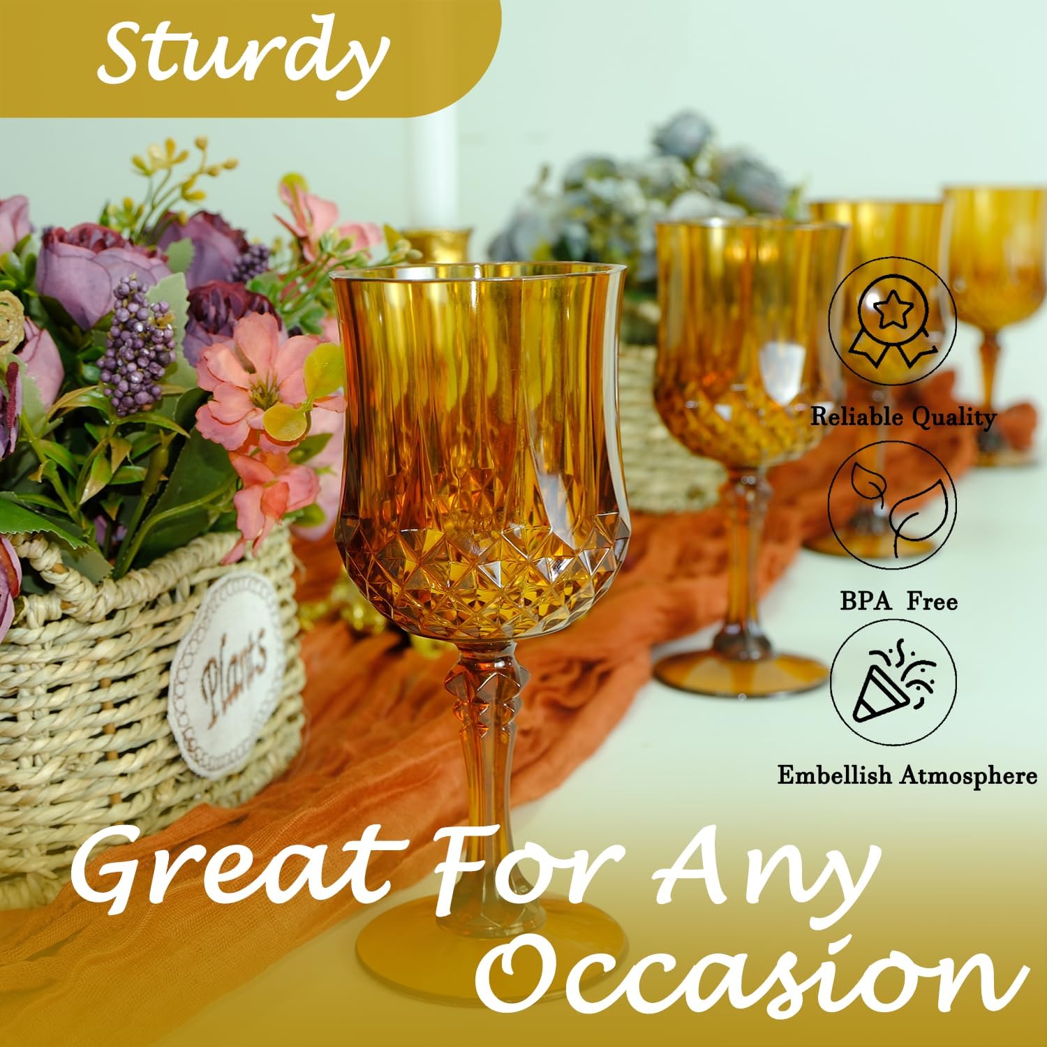 Plastic Wine Glasses, Plastic Goblets Vintage Style Cordial Drinking Glasses for Valentine’s Day, Wedding Reception, Grand Event Party Supplies (24, Amber) - Image 7