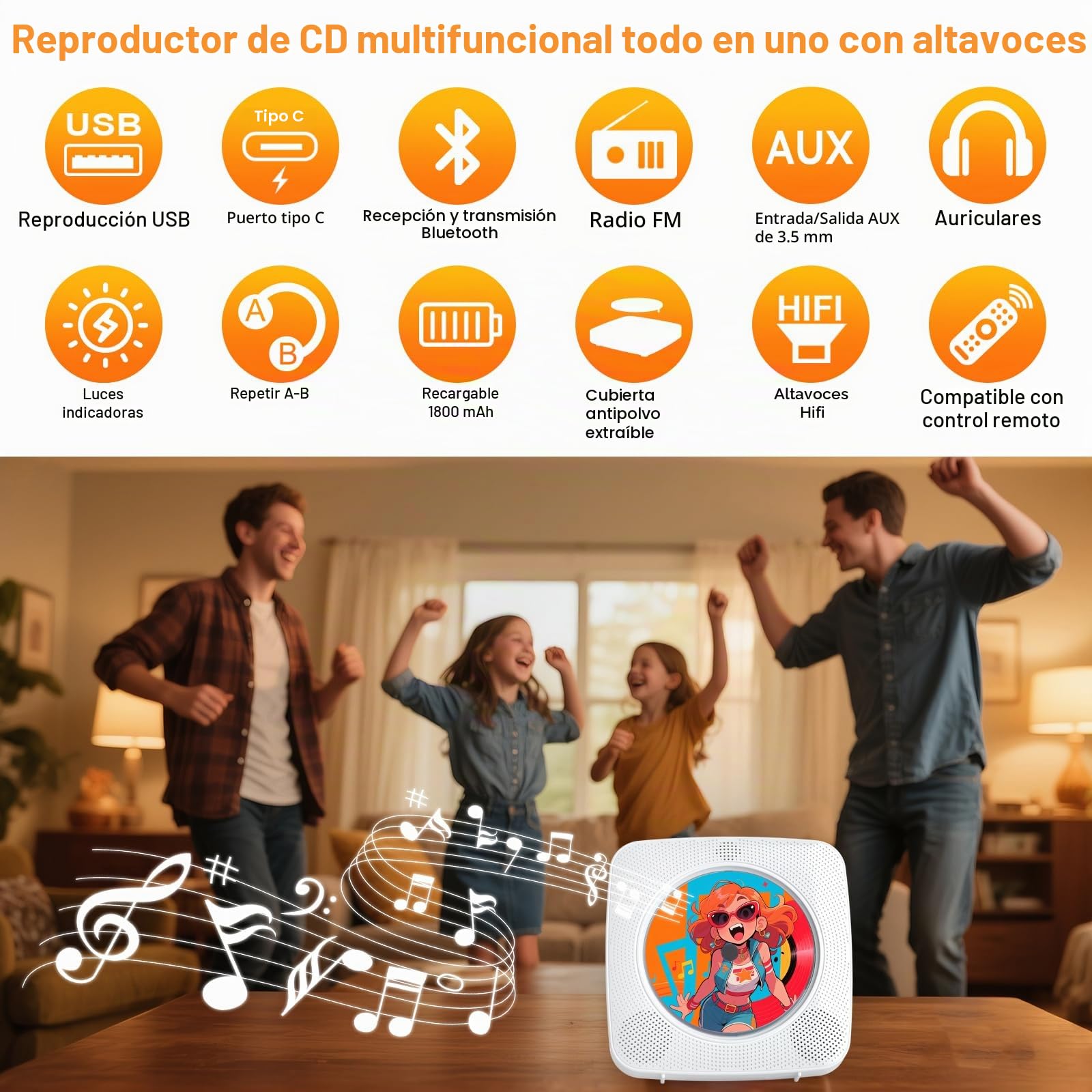 Gueray Reproductor de CD Portátil Bluetooth con Batería Recargable 1800 mAh Mando a Distancia Radio USB AUX Blanco